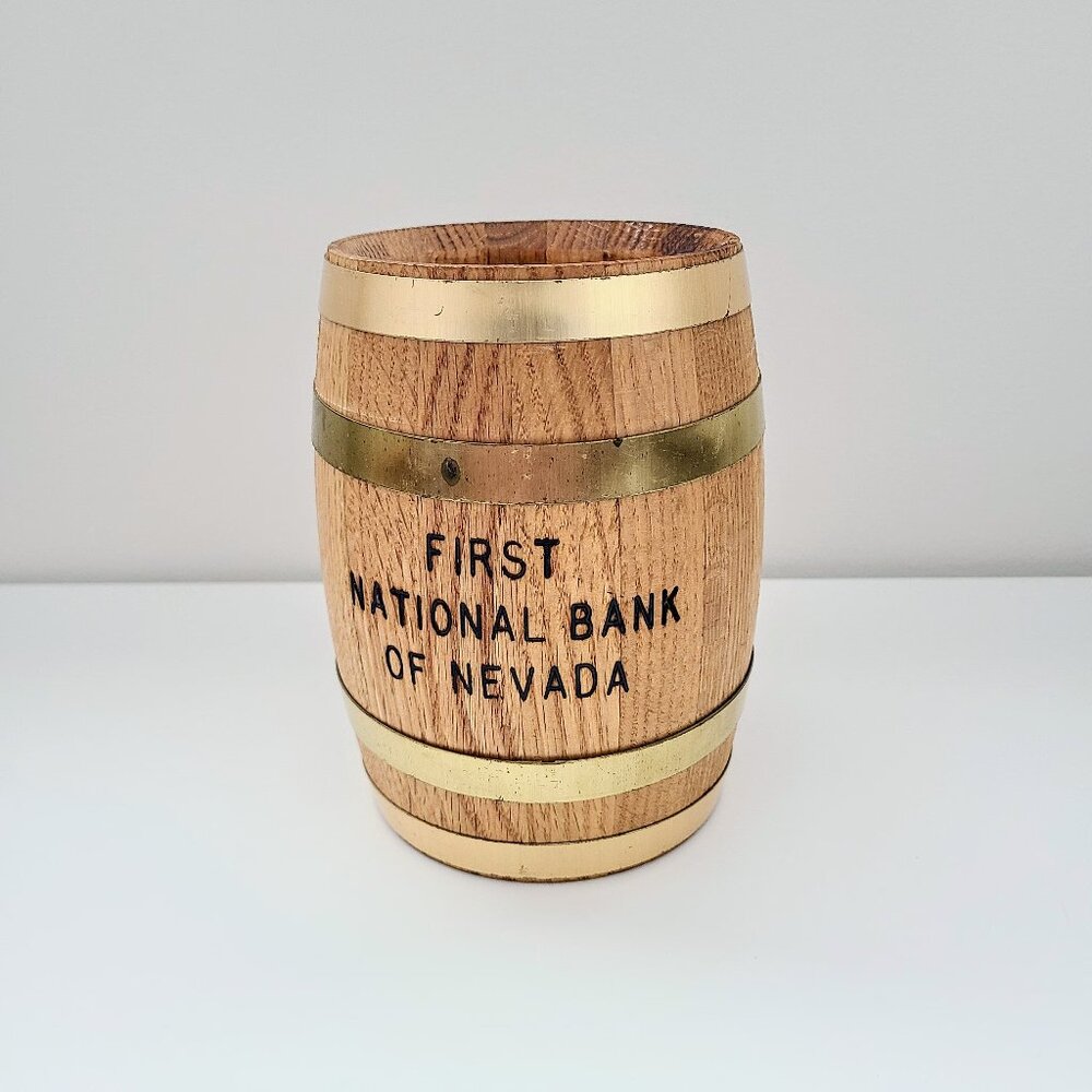 Vintage Coin Bank 'First National Bank Of Nevada' Wooden Savings Bank, With Lock